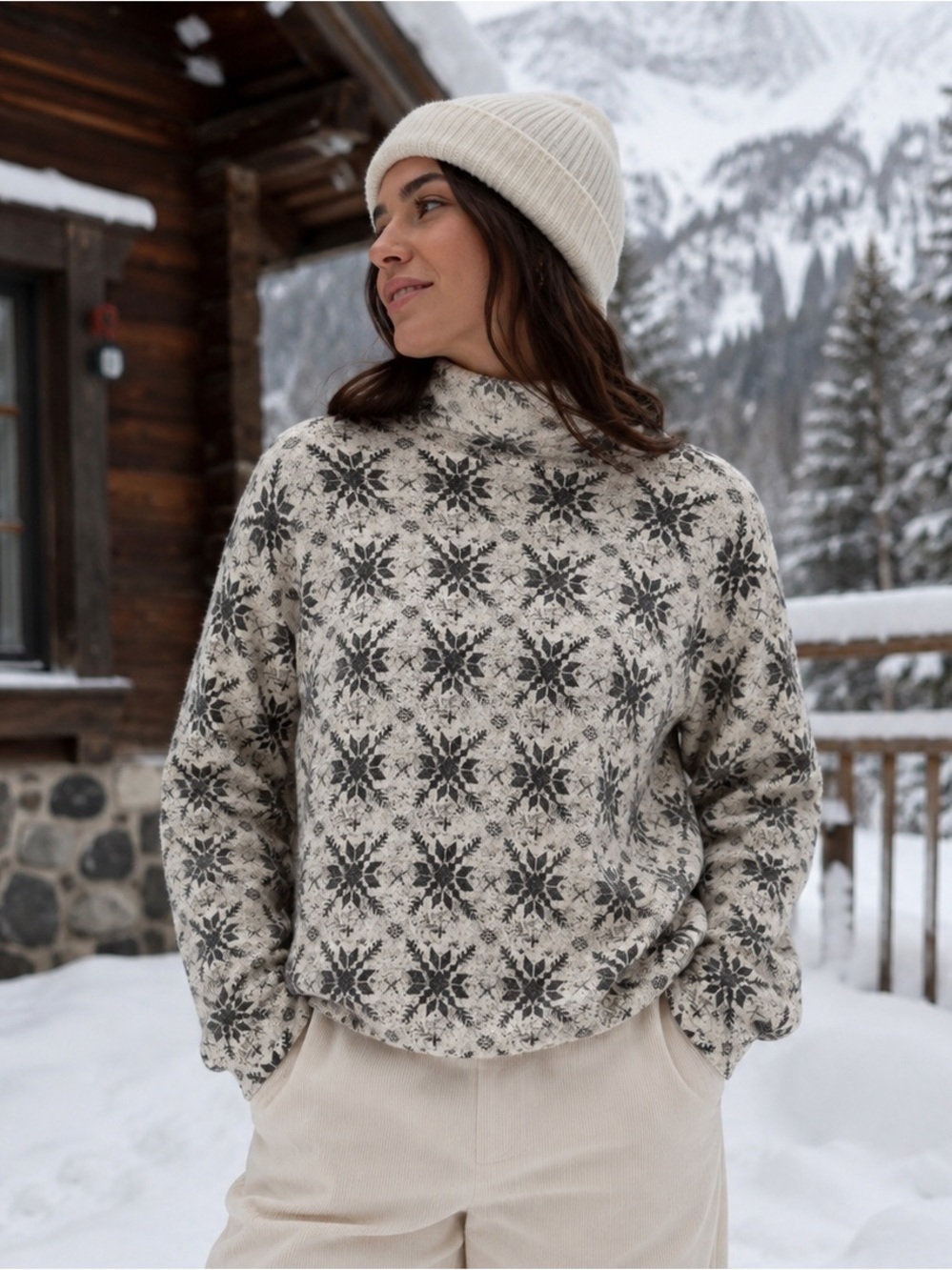 Woolrich Women Snowflake Turtle Neck Cotton Top XL Nordic Winter Ski Cabinecore